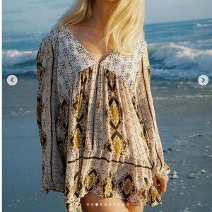 FREE PEOPLE XS Down By the Bay Tunic Baby Doll Blouse | Black Brown Gold